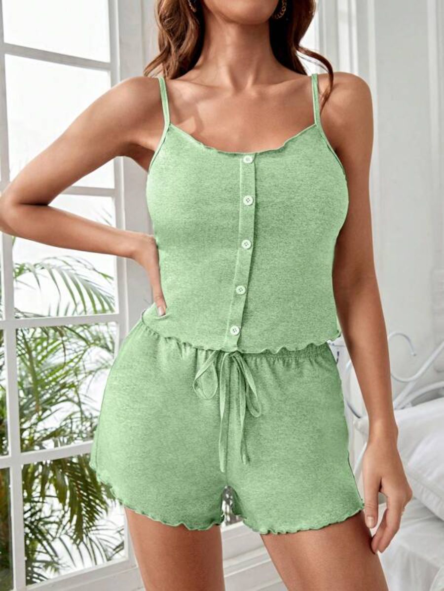 Button Front Cami Top And Shorts Lounge Set-Soco Hoodie