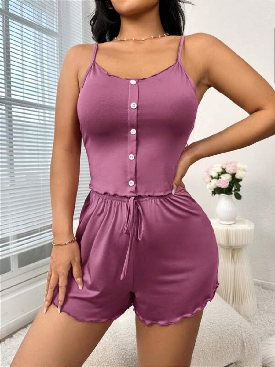 Button Front Cami Top And Shorts Lounge Set-Soco Hoodie