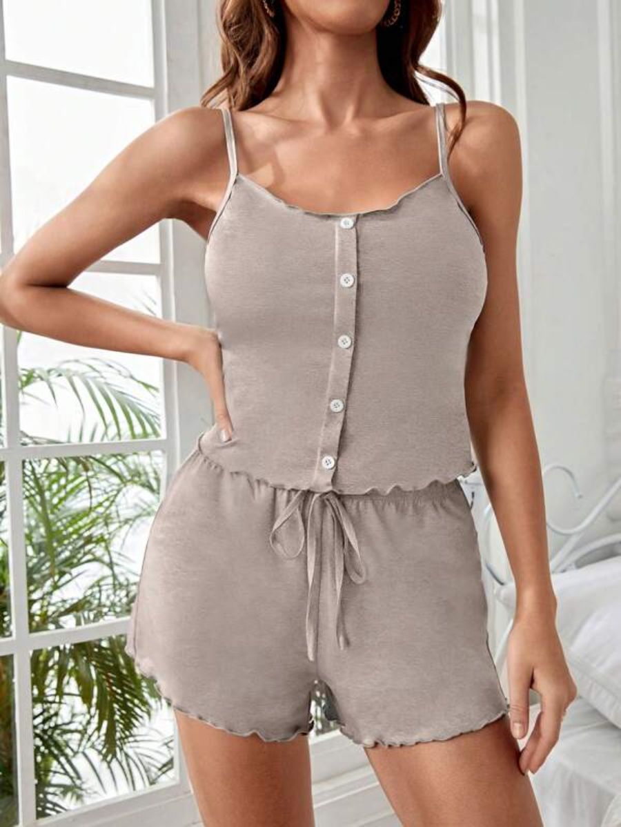 Button Front Cami Top And Shorts Lounge Set-Soco Hoodie