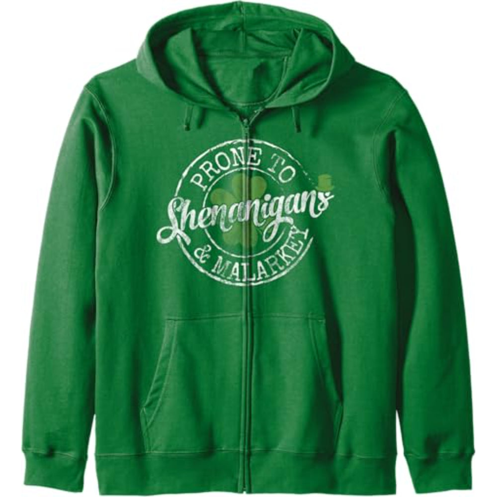 Graphic Zip Up Hoodie With Text And Clover Design Dark Green