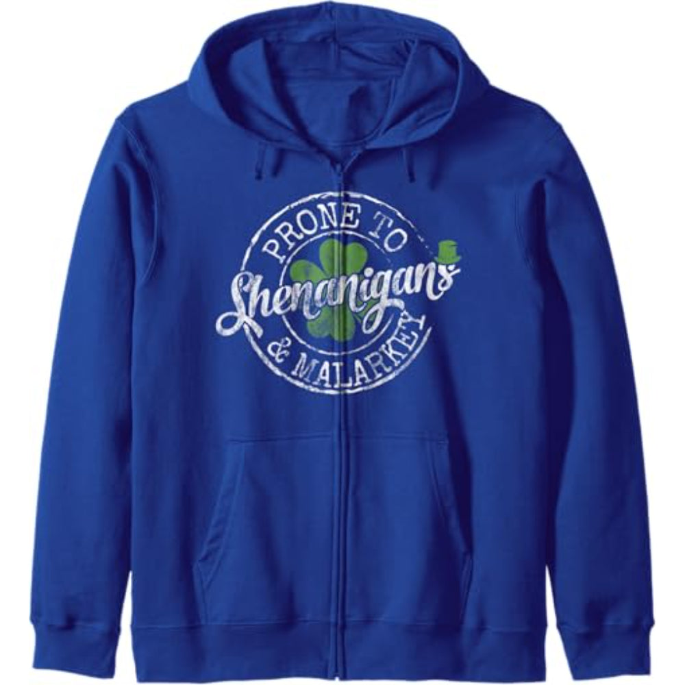 Graphic Zip Up Hoodie With Text And Clover Design Blue
