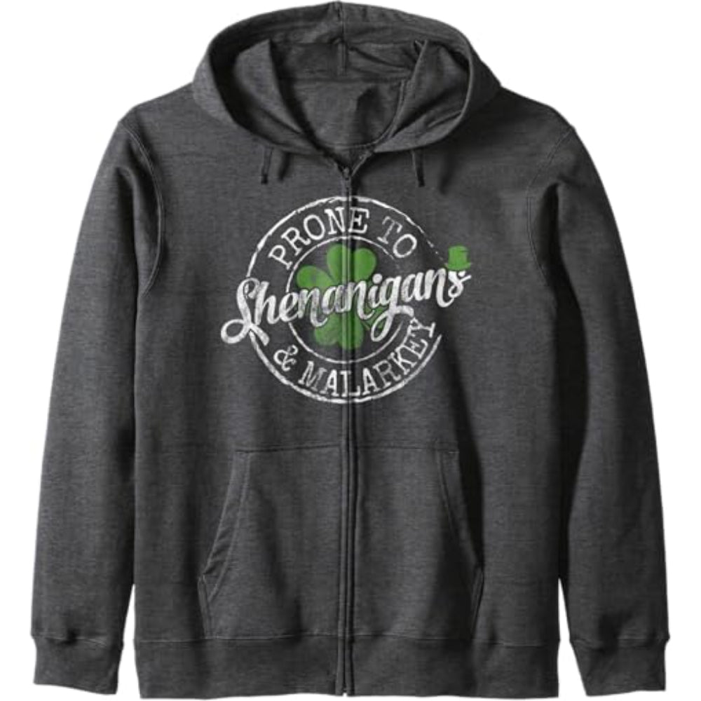 Graphic Zip Up Hoodie With Text And Clover Design Gray