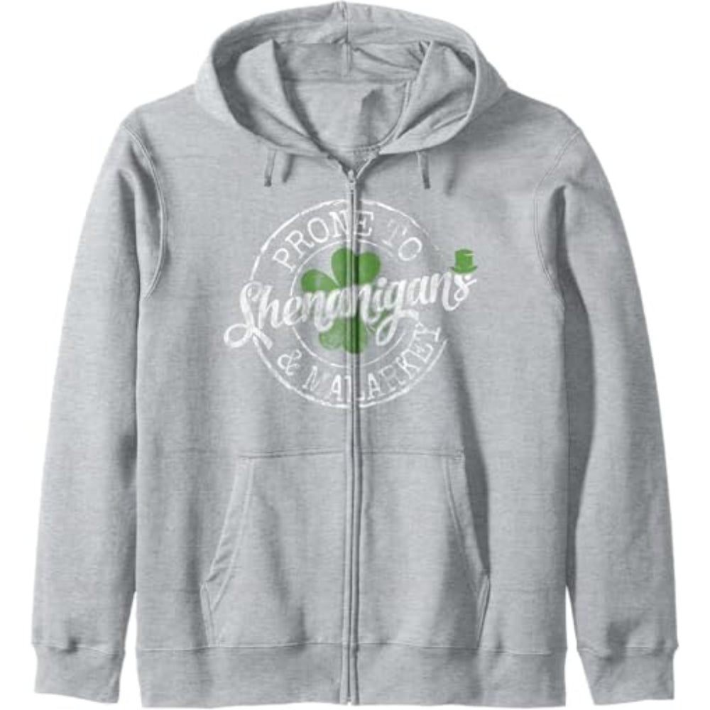 Graphic Zip Up Hoodie With Text And Clover Design Light Gray