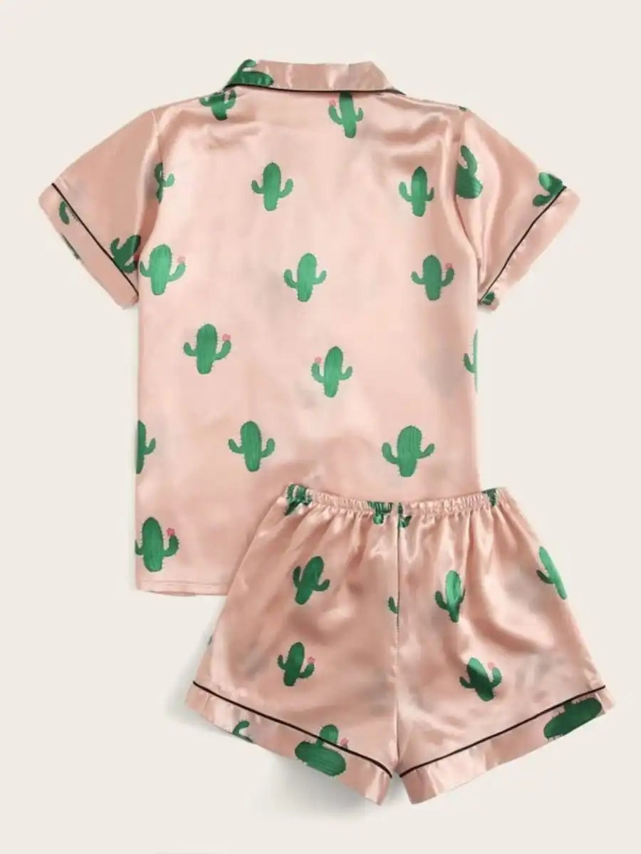 Cactus Print Satin Pajama Set-Soco Hoodie