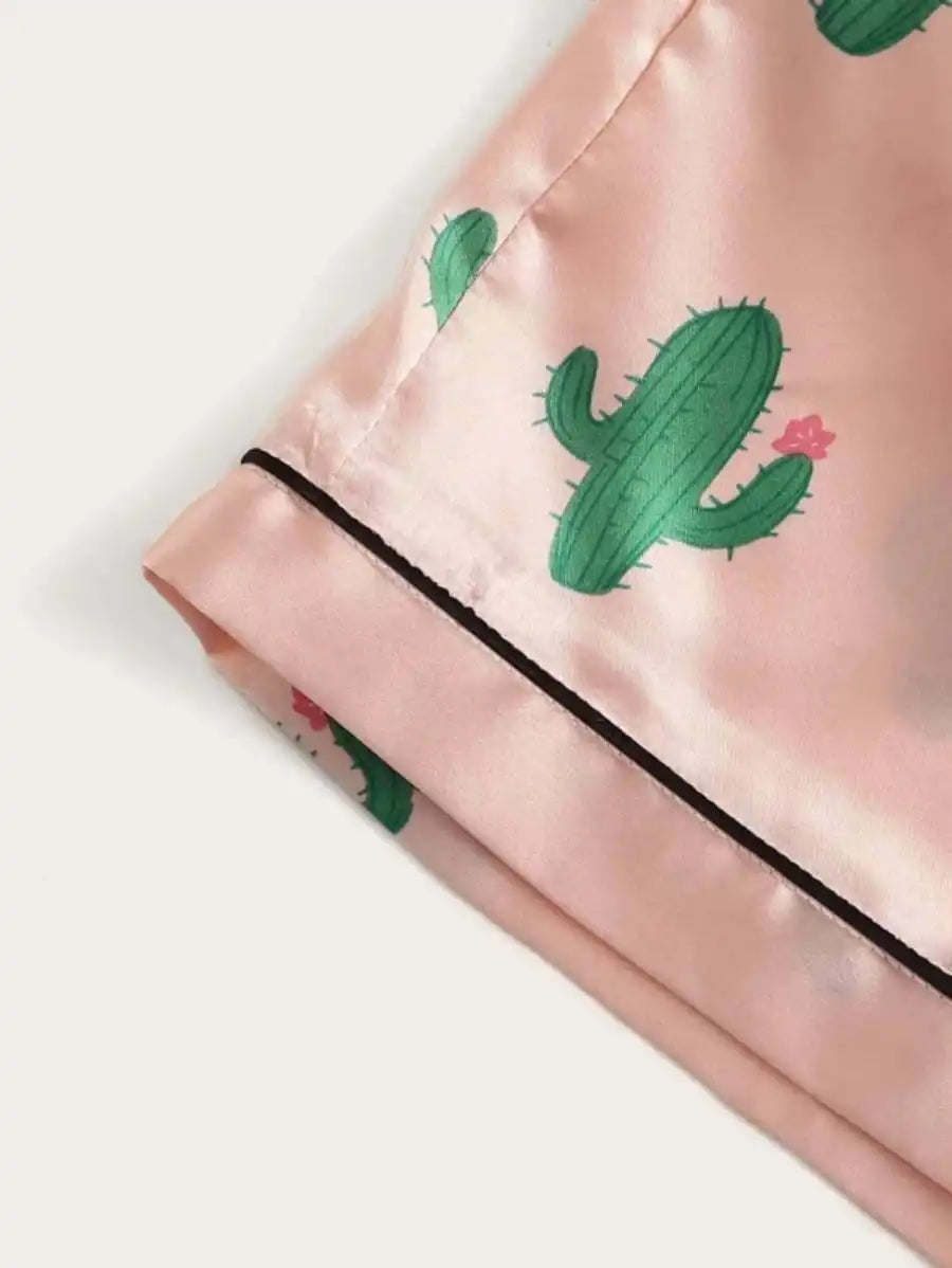 Cactus Print Satin Pajama Set-Soco Hoodie