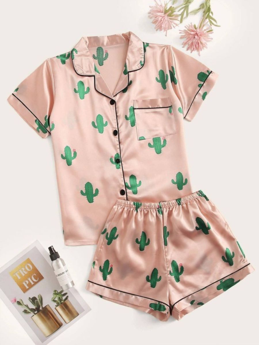 Cactus Print Satin Pajama Set-Soco Hoodie