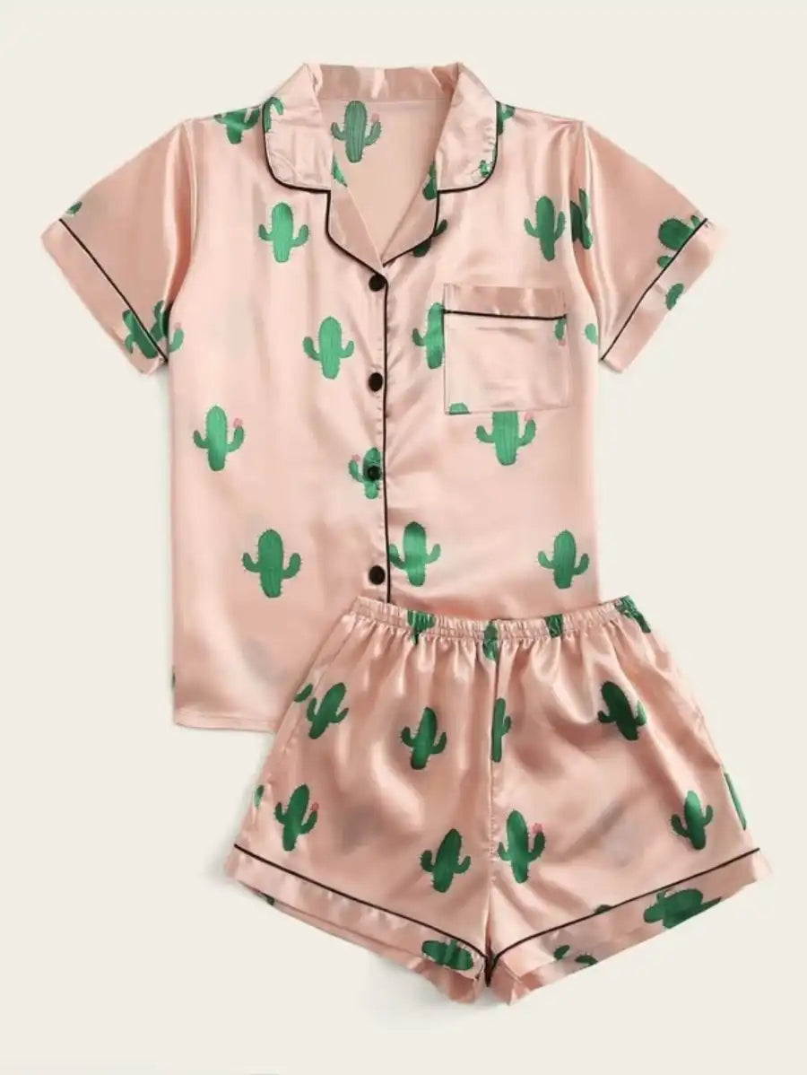 Cactus Print Satin Pajama Set-Soco Hoodie