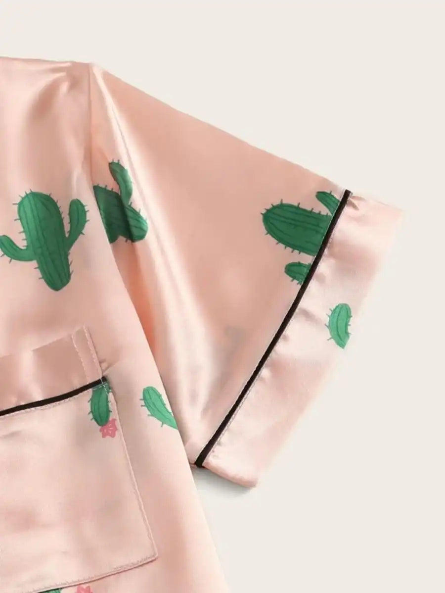 Cactus Print Satin Pajama Set-Soco Hoodie