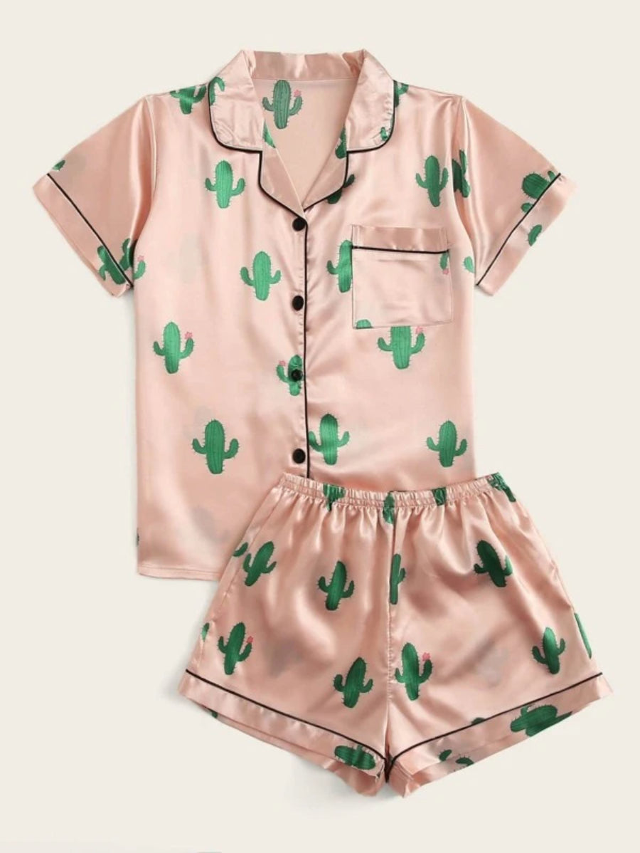 Cactus Print Satin Shorts Set-Soco Hoodie