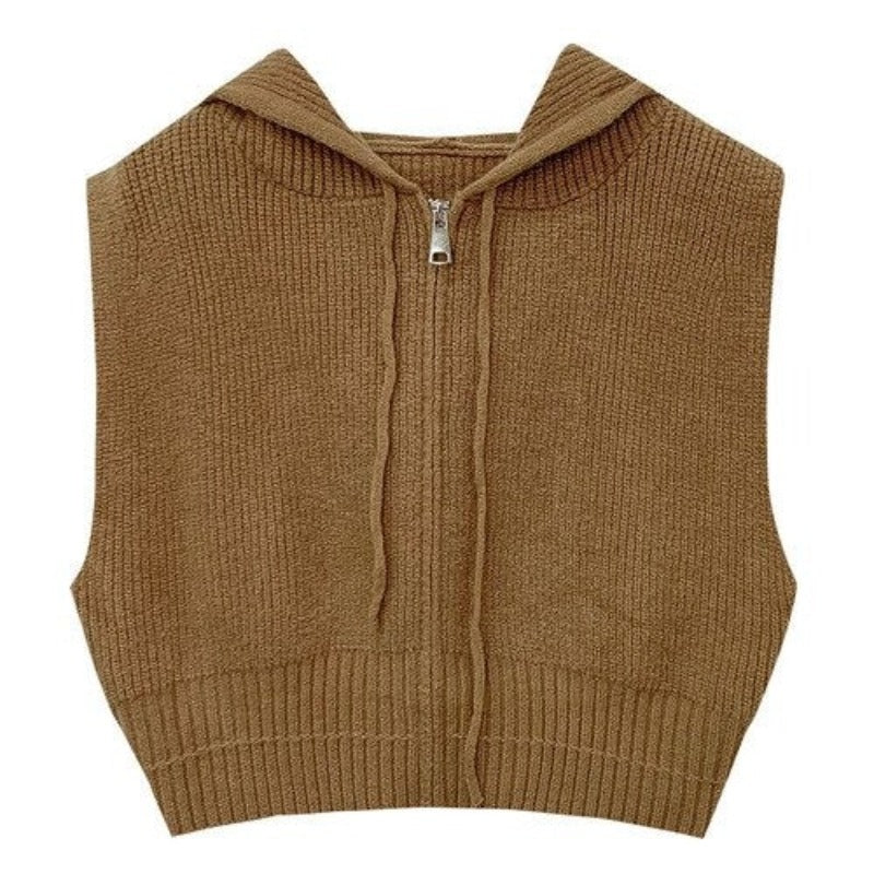 Loose Zipper Knitted Hooded Sweater Vest For Women-Soco Hoodie