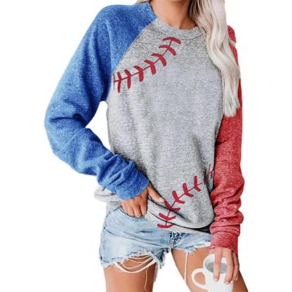 Baseball Stitch Print Pullover Sweatshirt All American Baseball Sweatshirt