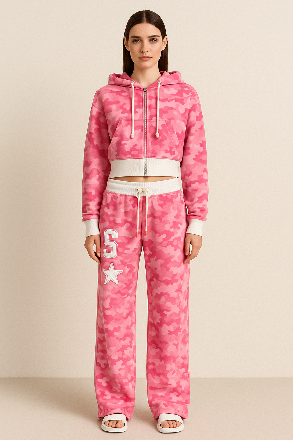 Camo Zip Hoodie And Lounge Set Pink