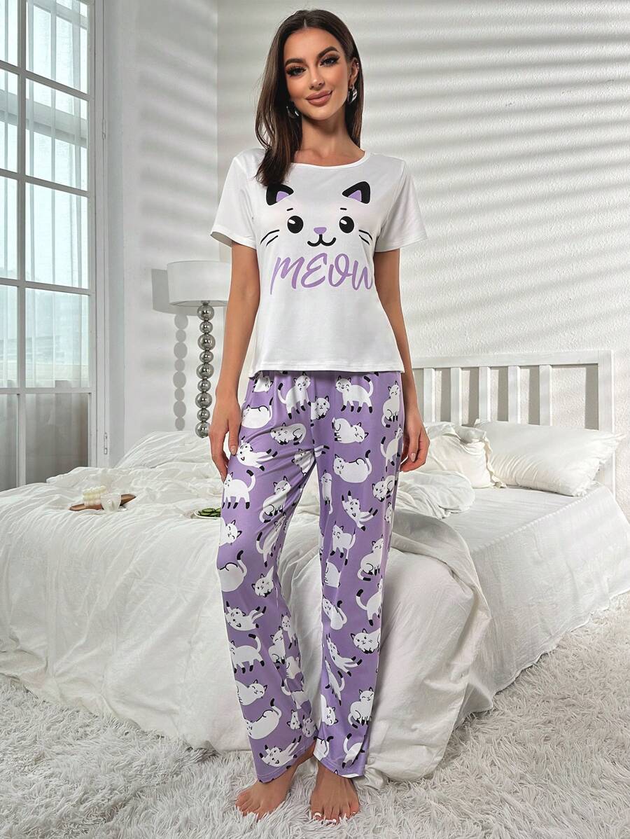 Cartoon And Letter Graphic Pajama Set-Soco Hoodie