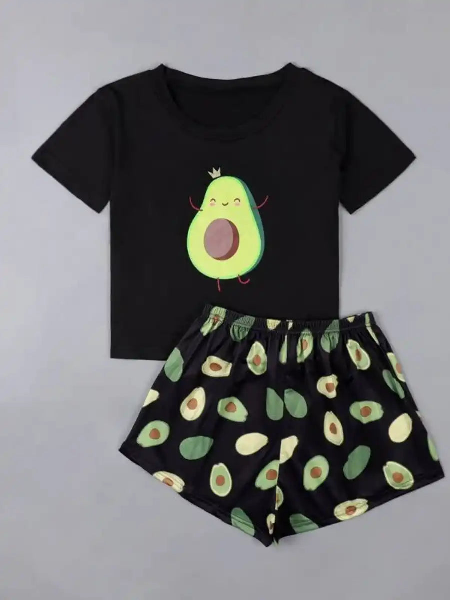 Cartoon Avocado Print Pajama Set-Soco Hoodie