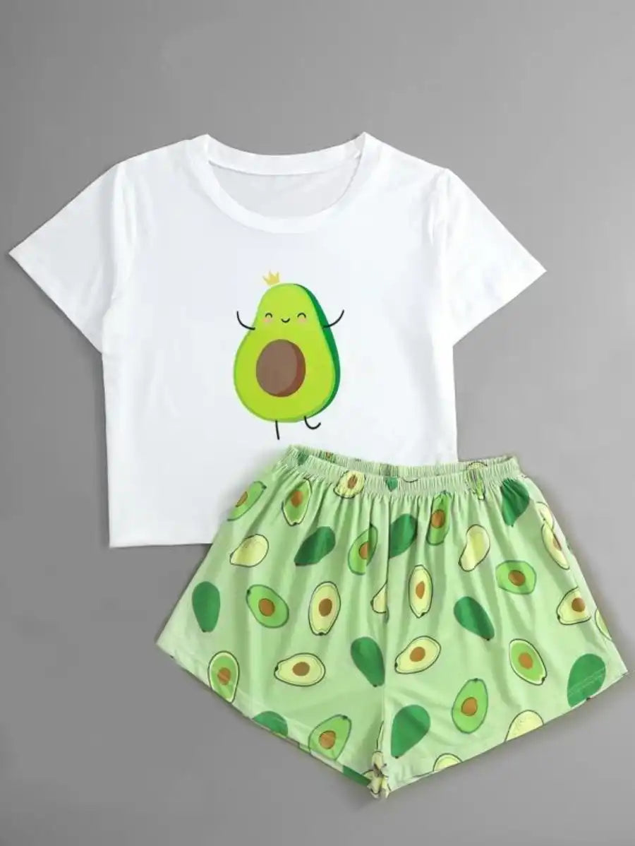 Cartoon Avocado Print Pajama Set-Soco Hoodie