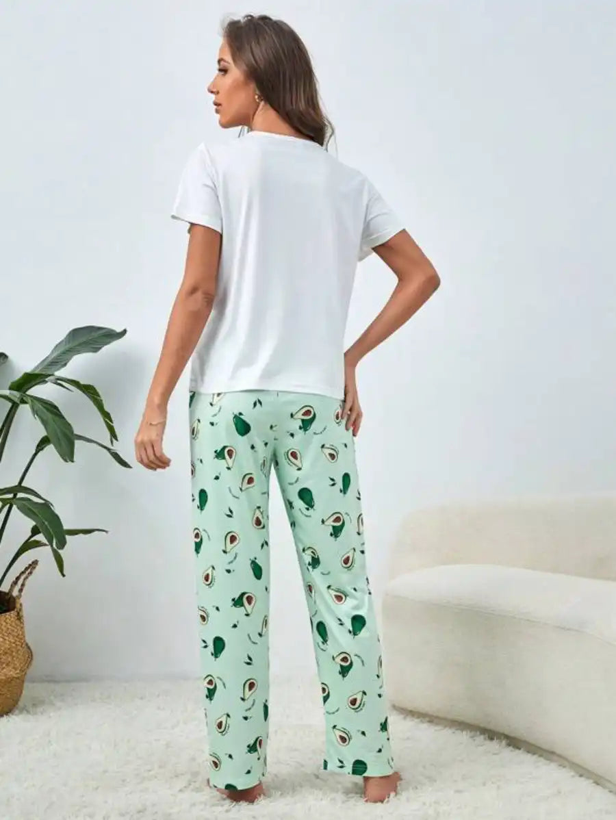 Cartoon Avocado Print Pajama Set-Soco Hoodie
