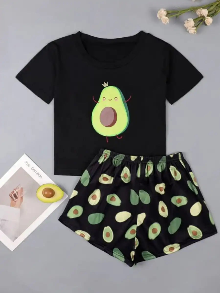Cartoon Avocado Print Pajama Set-Soco Hoodie