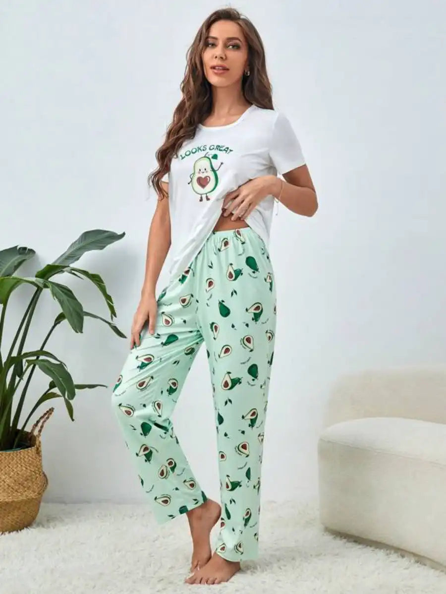 Cartoon Avocado Print Pajama Set-Soco Hoodie