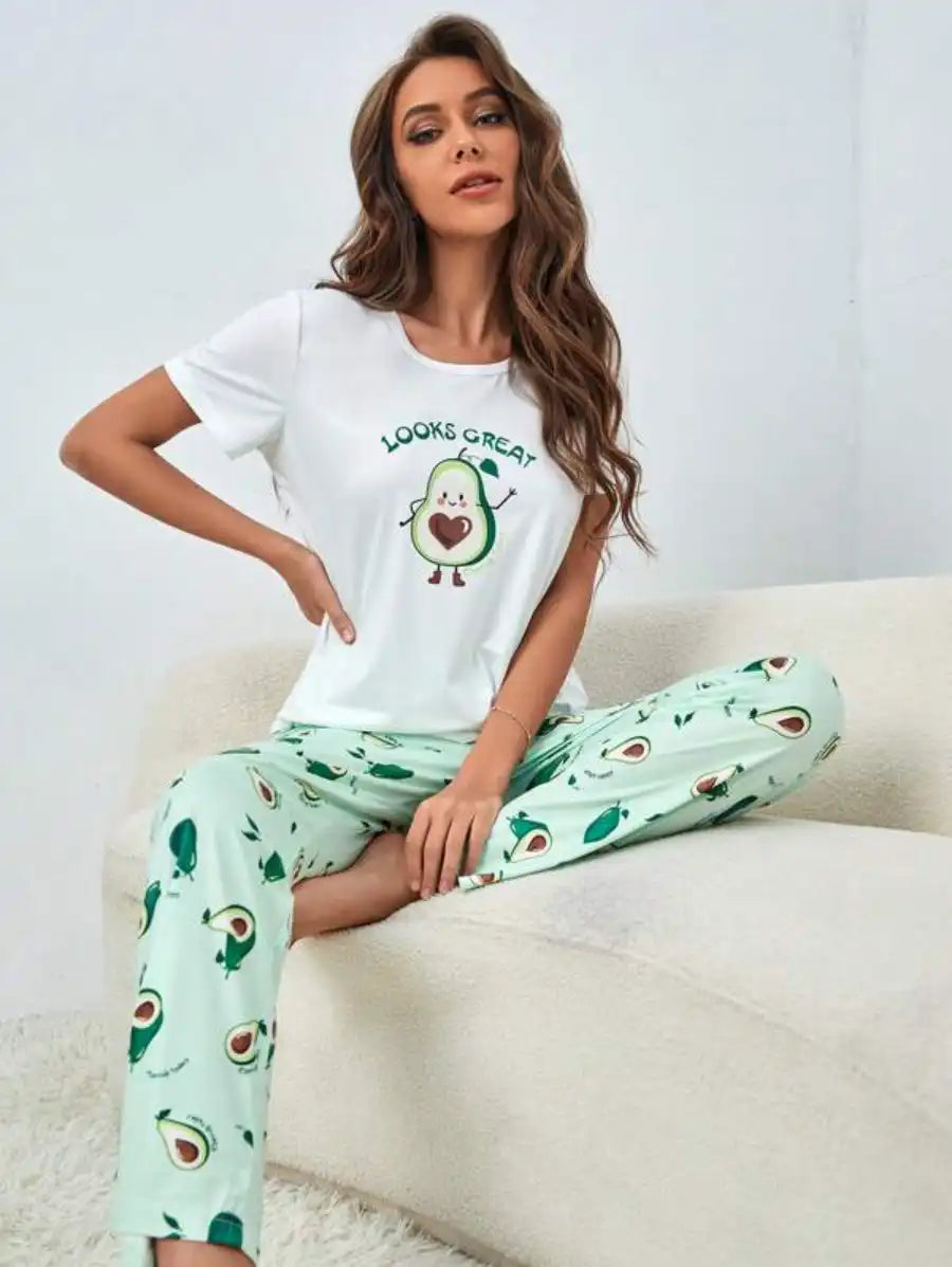 Cartoon Avocado Print Pajama Set-Soco Hoodie