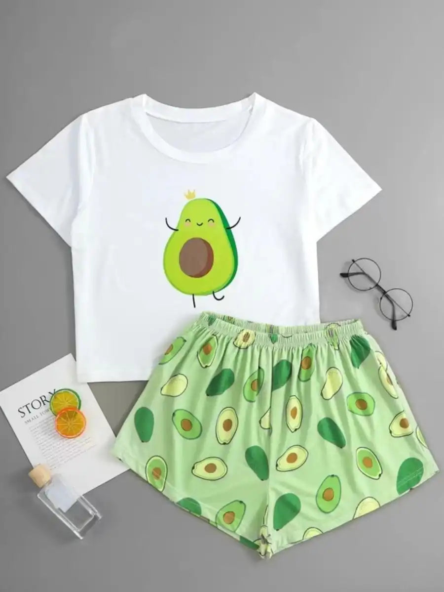 Cartoon Avocado Print Pajama Set-Soco Hoodie