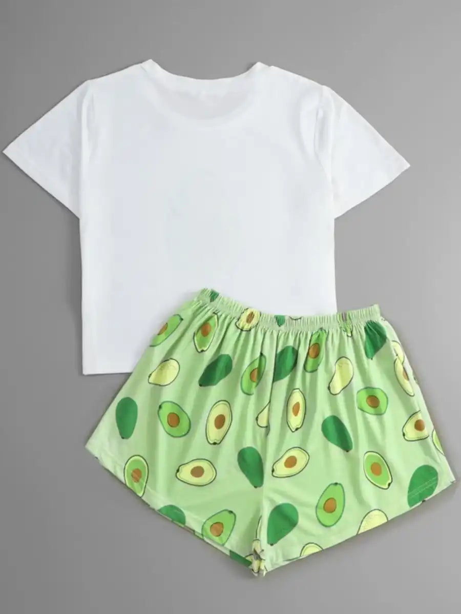 Cartoon Avocado Print Pajama Set-Soco Hoodie