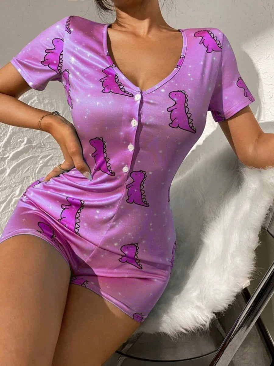 Cartoon Dinosaur Print Button Front Sleep Romper-Soco Hoodie