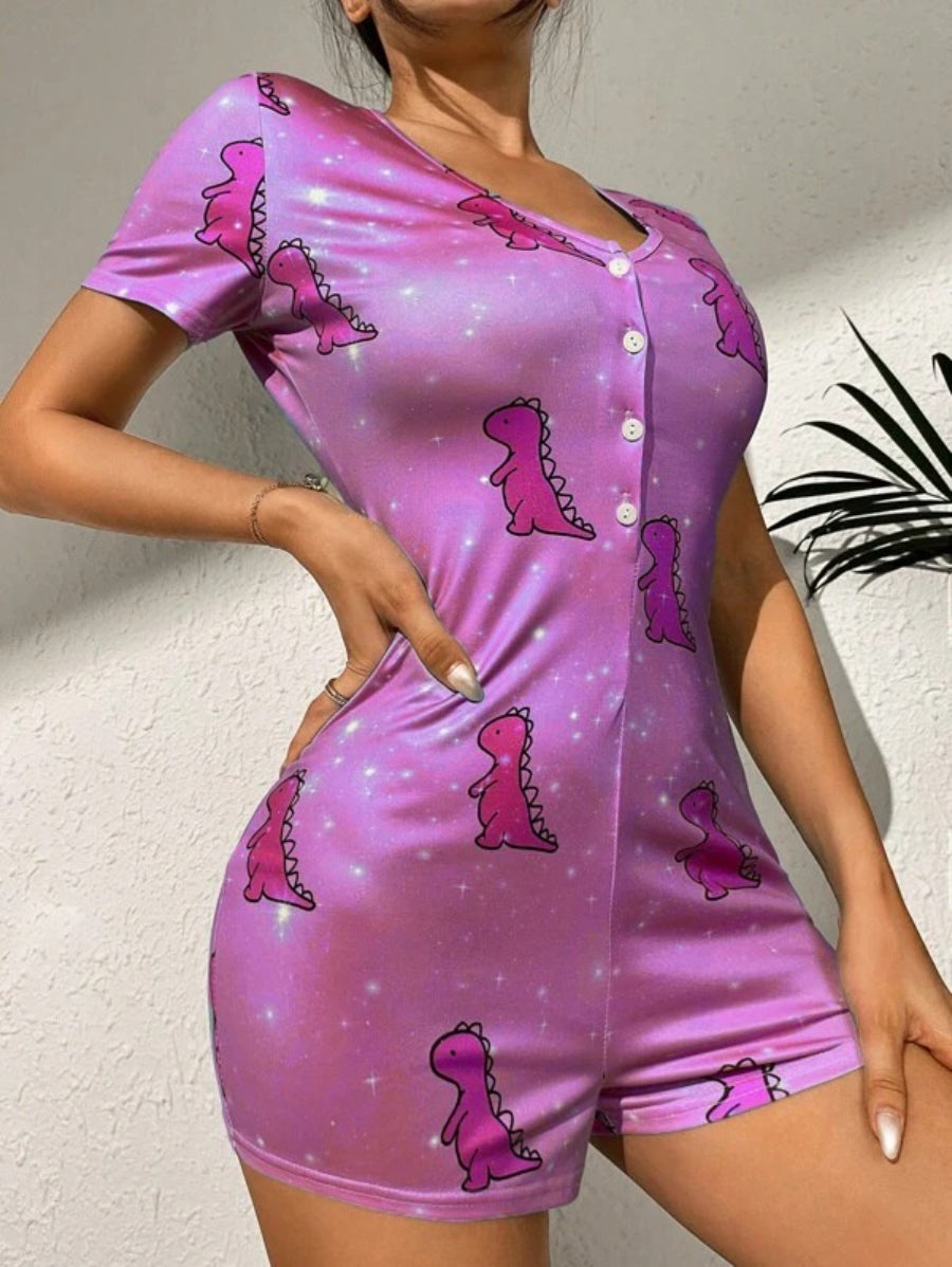 Cartoon Dinosaur Print Button Front Sleep Romper-Soco Hoodie