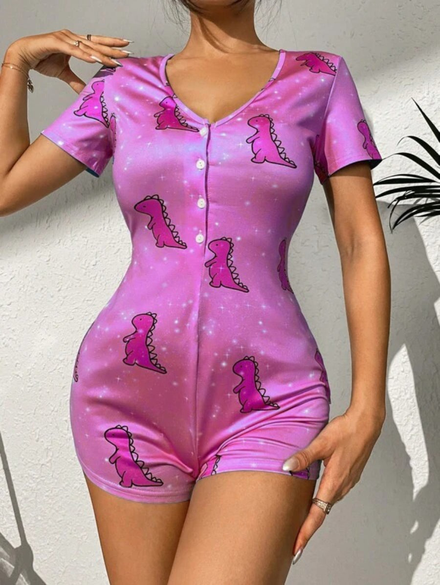 Cartoon Dinosaur Print Button Front Sleep Romper-Soco Hoodie