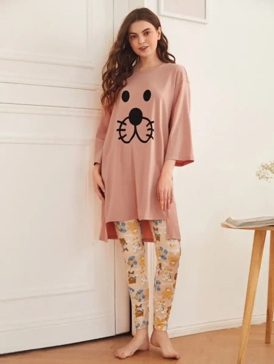 Cartoon Graphic High Low Tee And Leggings Set-Soco Hoodie