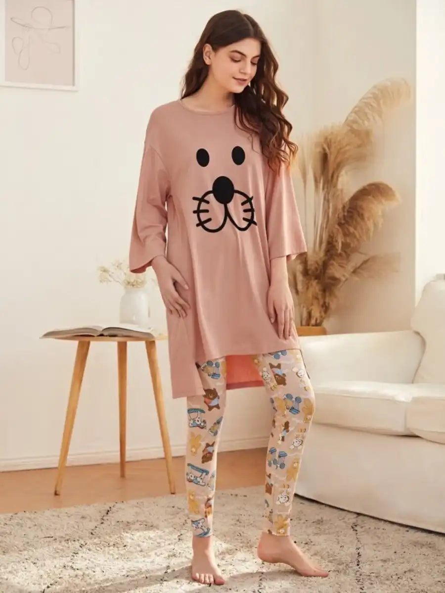 Cartoon Graphic High Low Tee And Leggings Set-Soco Hoodie