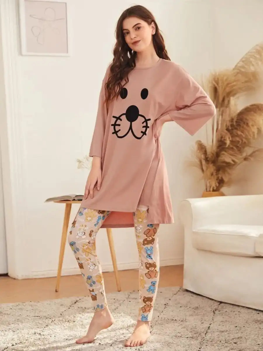 Cartoon Graphic High Low Tee And Leggings Set-Soco Hoodie