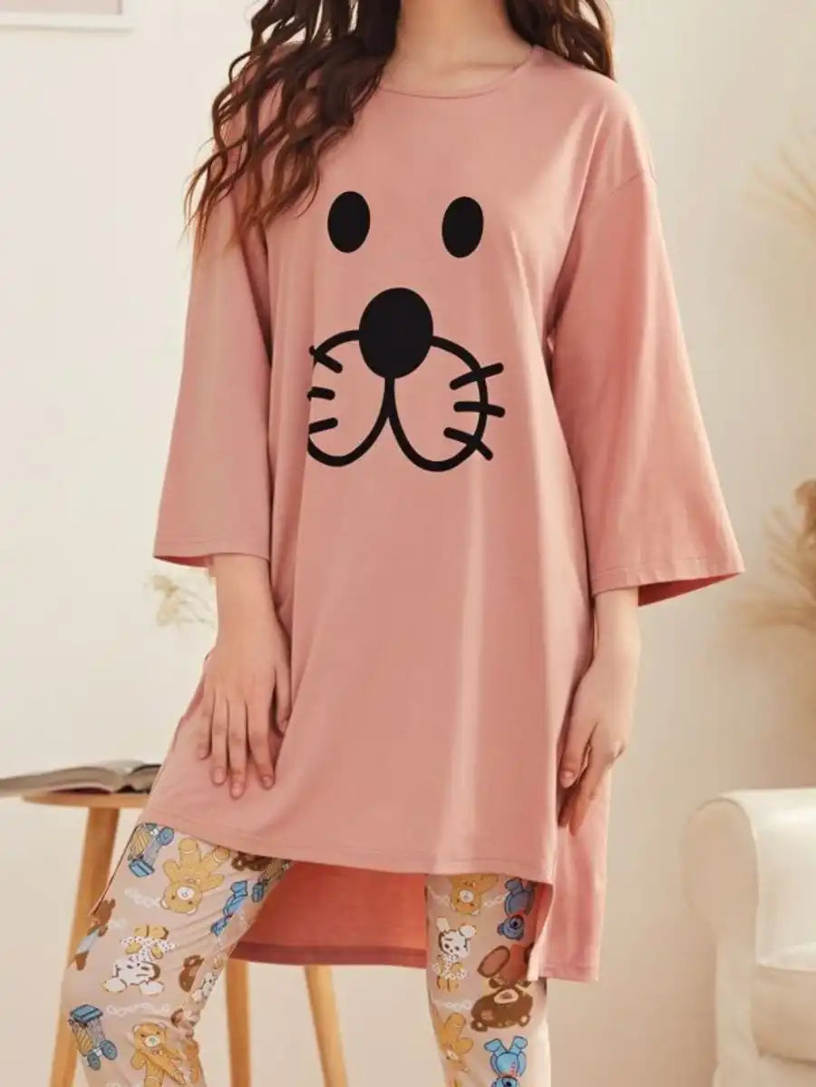 Cartoon Graphic High Low Tee And Leggings Set-Soco Hoodie