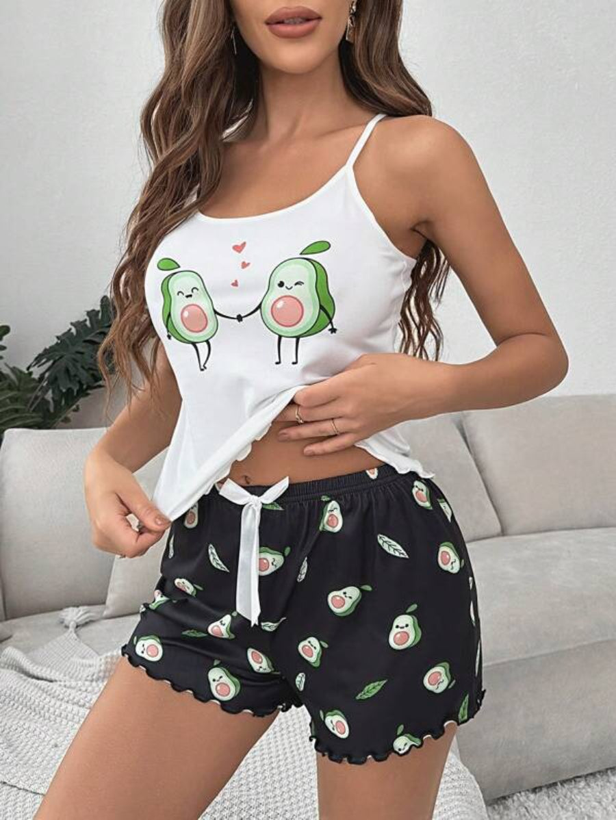 Cartoon Graphic Lettuce Trim Bow Front Shorts Set-Soco Hoodie