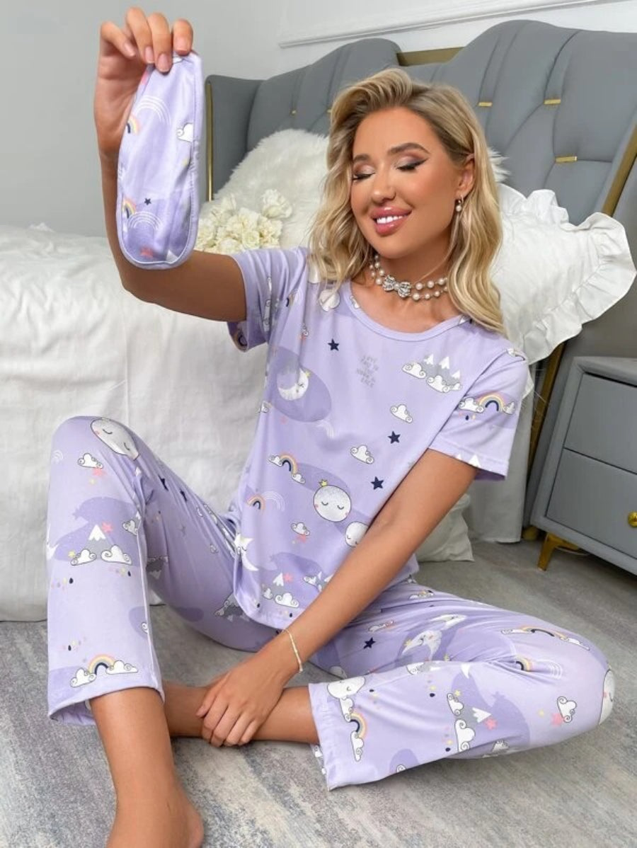 Cartoon Graphic Pant Set And Eye Cover-Soco Hoodie