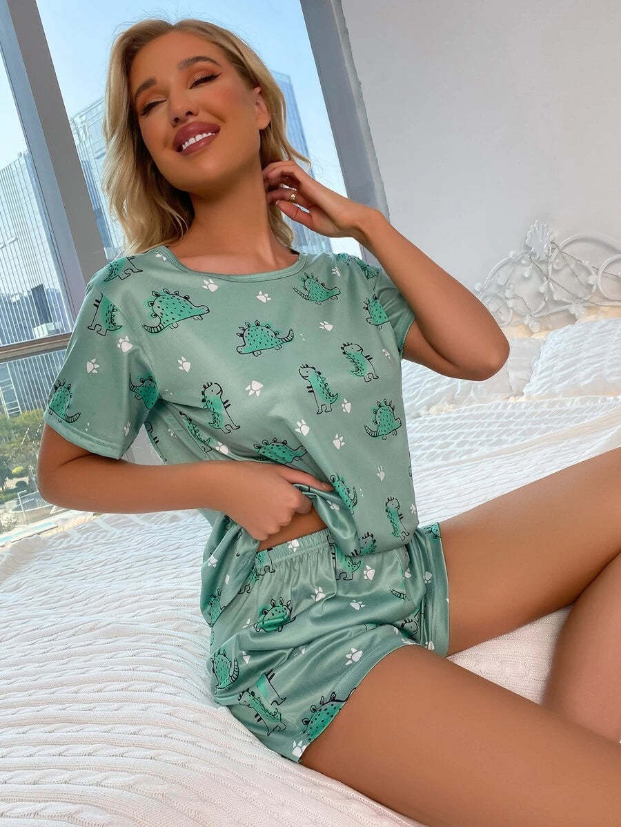 Cartoon Graphic Print Tee And Shorts Set-Soco Hoodie