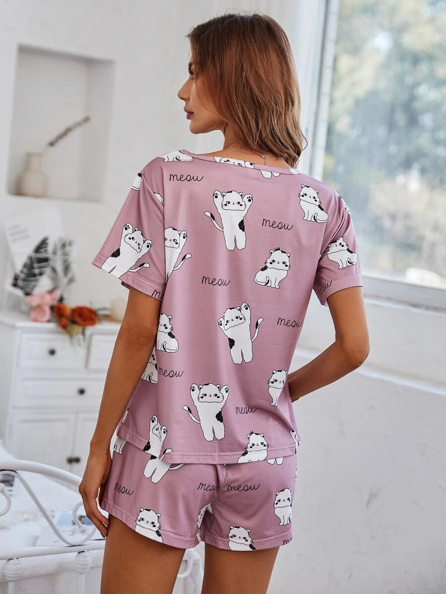 Cartoon Graphic Print Tee And Shorts Set-Soco Hoodie