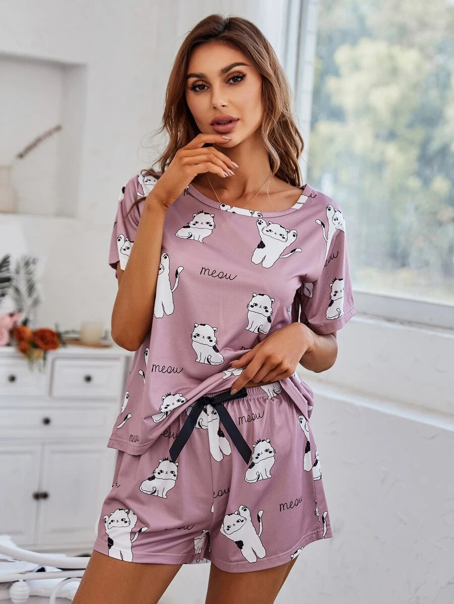 Cartoon Graphic Print Tee And Shorts Set-Soco Hoodie