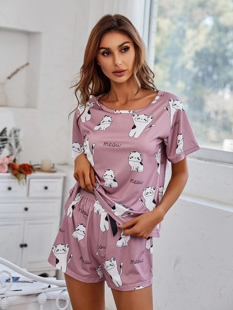 Cartoon Graphic Print Tee And Shorts Set-Soco Hoodie