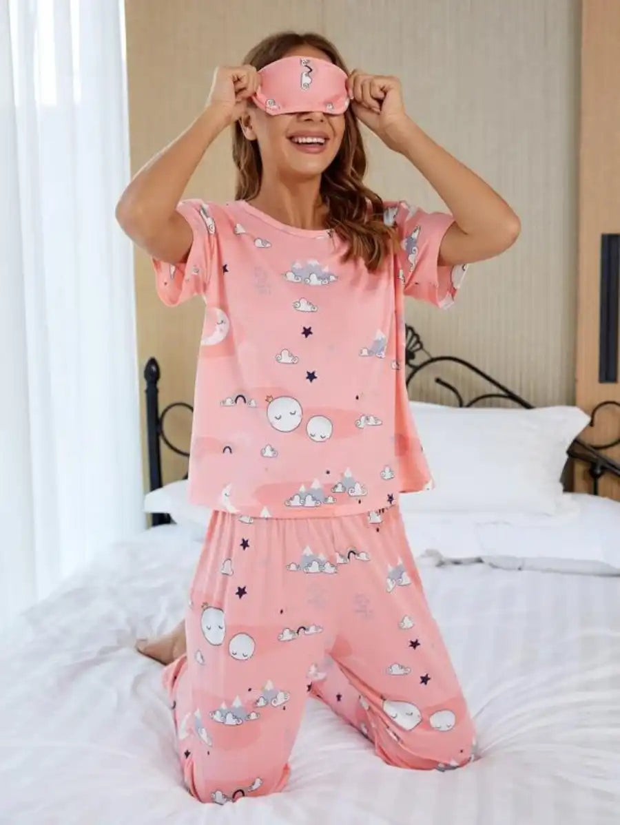Cartoon Graphic Printed Pajama Set With Sleep Mask-Soco Hoodie