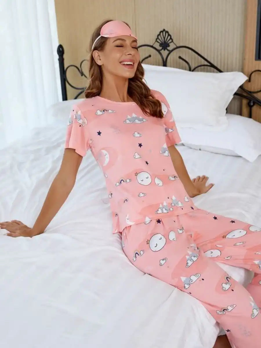 Cartoon Graphic Printed Pajama Set With Sleep Mask-Soco Hoodie