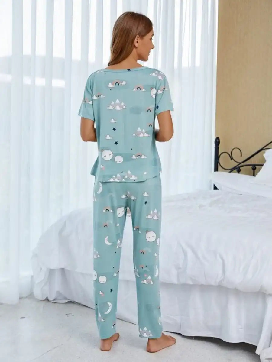 Cartoon Graphic Printed Pajama Set With Sleep Mask-Soco Hoodie