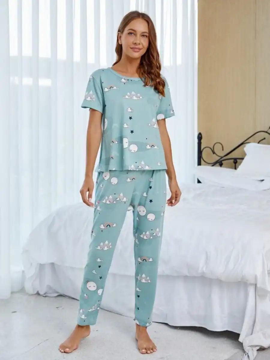 Cartoon Graphic Printed Pajama Set With Sleep Mask-Soco Hoodie