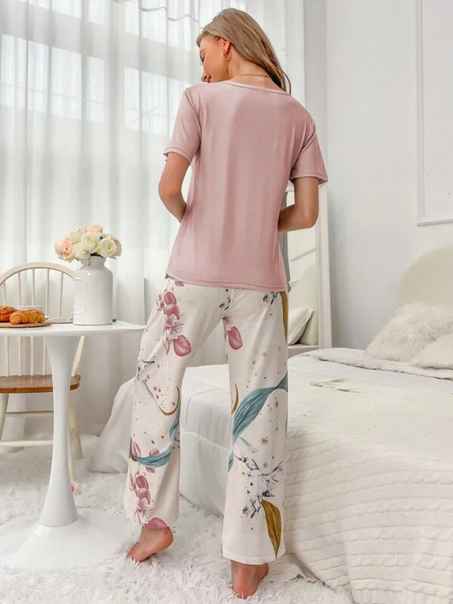 Floral Print Tee And Pajama Set-Soco Hoodie