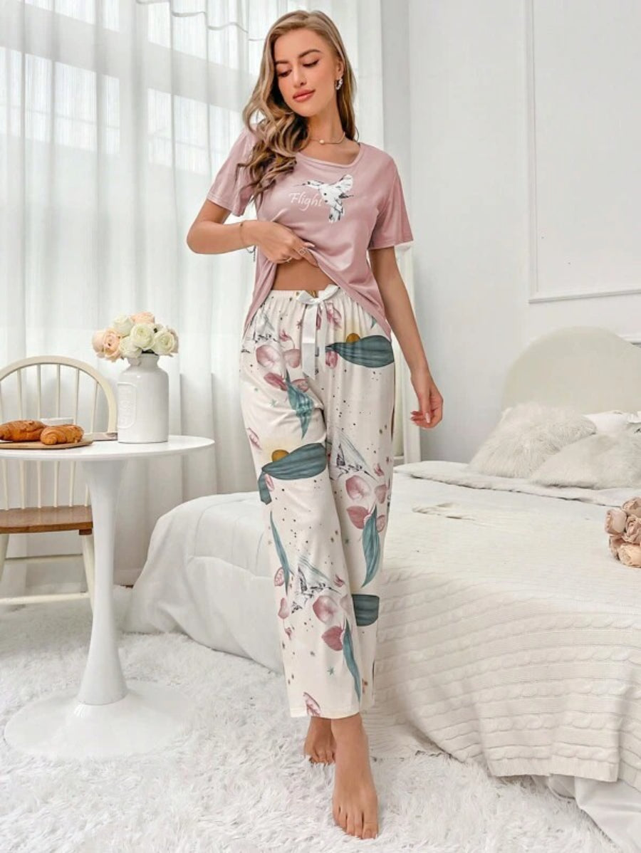 Floral Print Tee And Pajama Set-Soco Hoodie