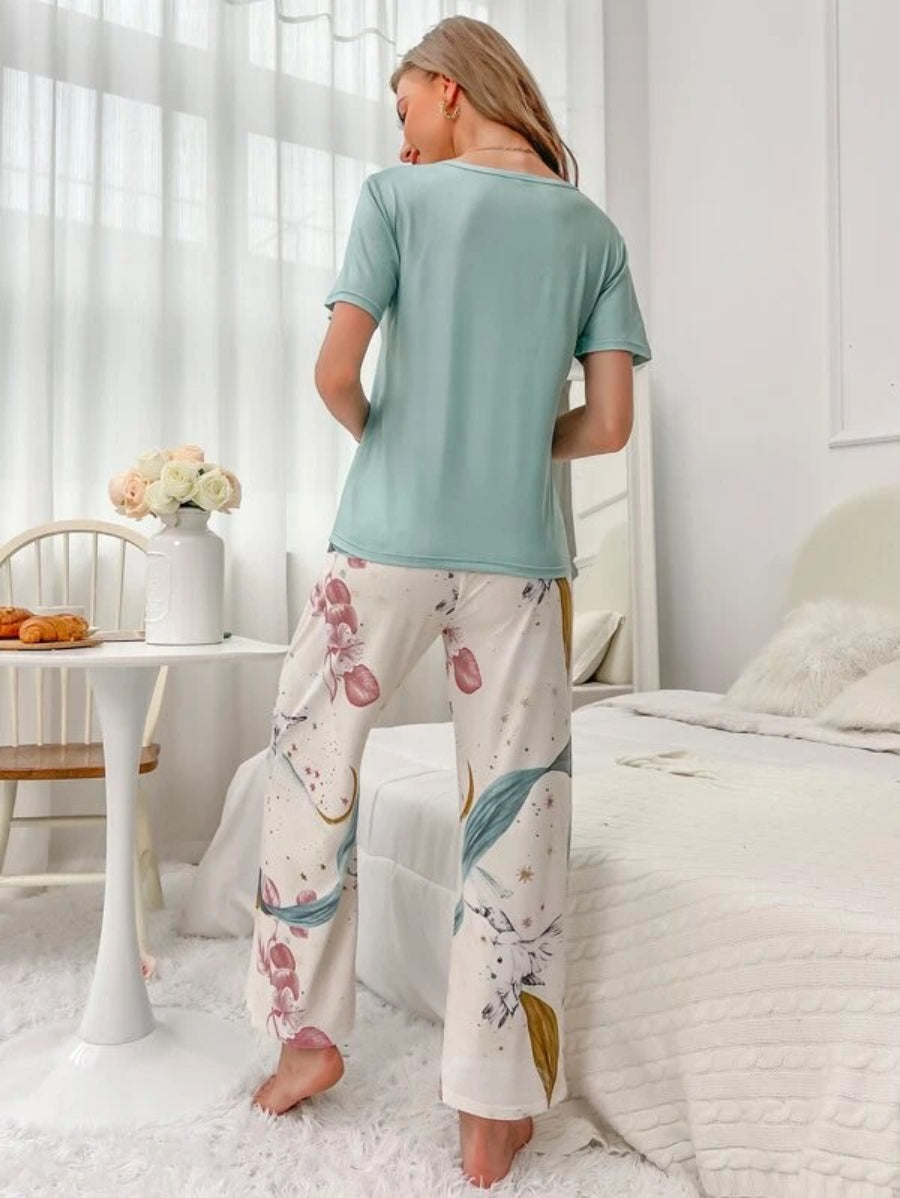 Floral Print Tee And Pajama Set-Soco Hoodie