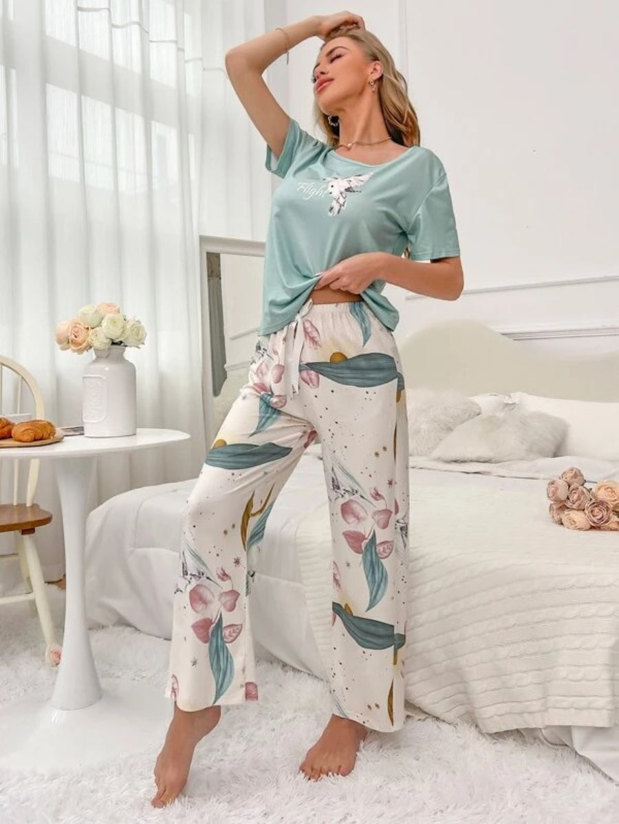 Floral Print Tee And Pajama Set-Soco Hoodie