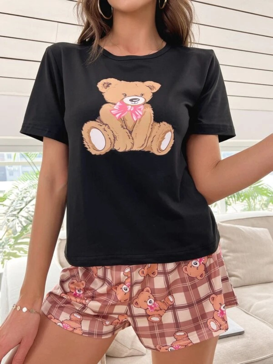 Cartoon Graphic Tee And Plaid Print Shorts Set-Soco Hoodie