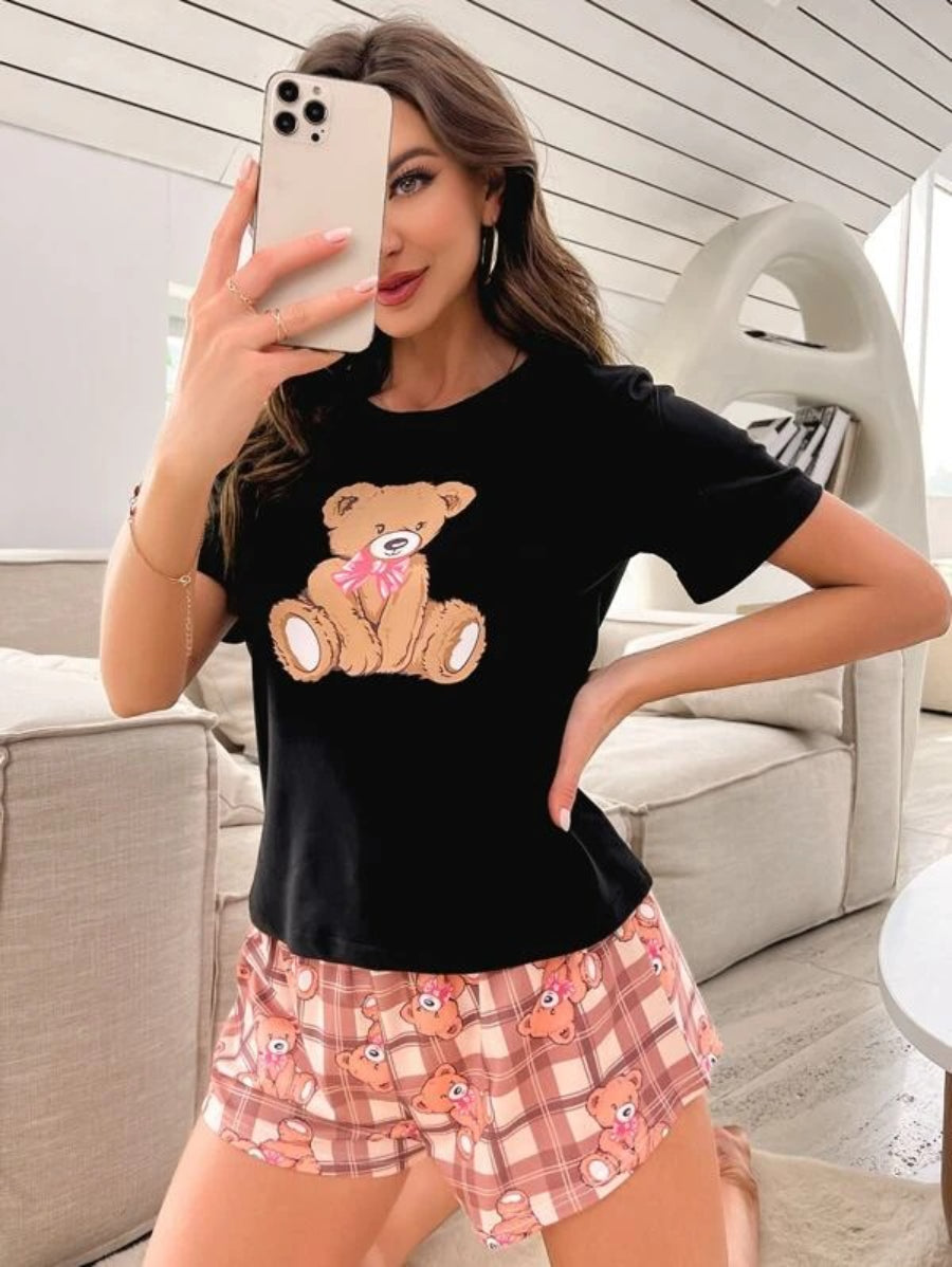 Cartoon Graphic Tee And Plaid Print Shorts Set-Soco Hoodie