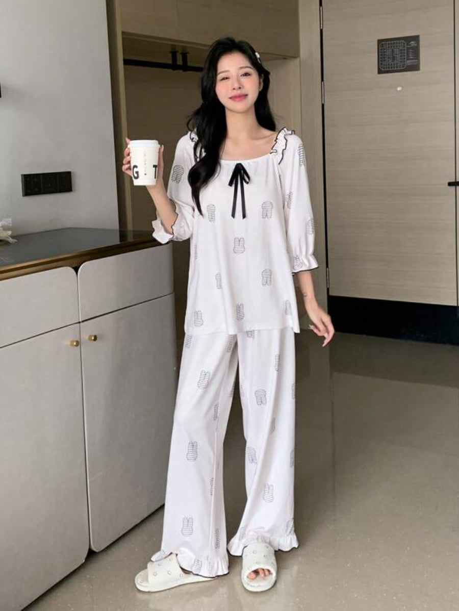 Cartoon Graphic Tie Front Flounce Sleeve Pant Set-Soco Hoodie