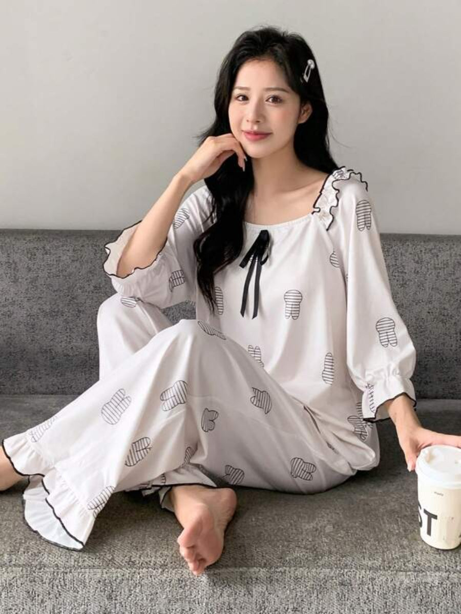 Cartoon Graphic Tie Front Flounce Sleeve Pant Set-Soco Hoodie